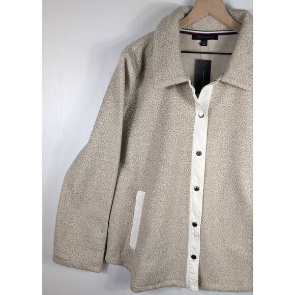 New Tommy Hilfiger Womens XXL Faux Sherpa Snap Button Jacket Coat Beige Warm - Picture 3 of 15